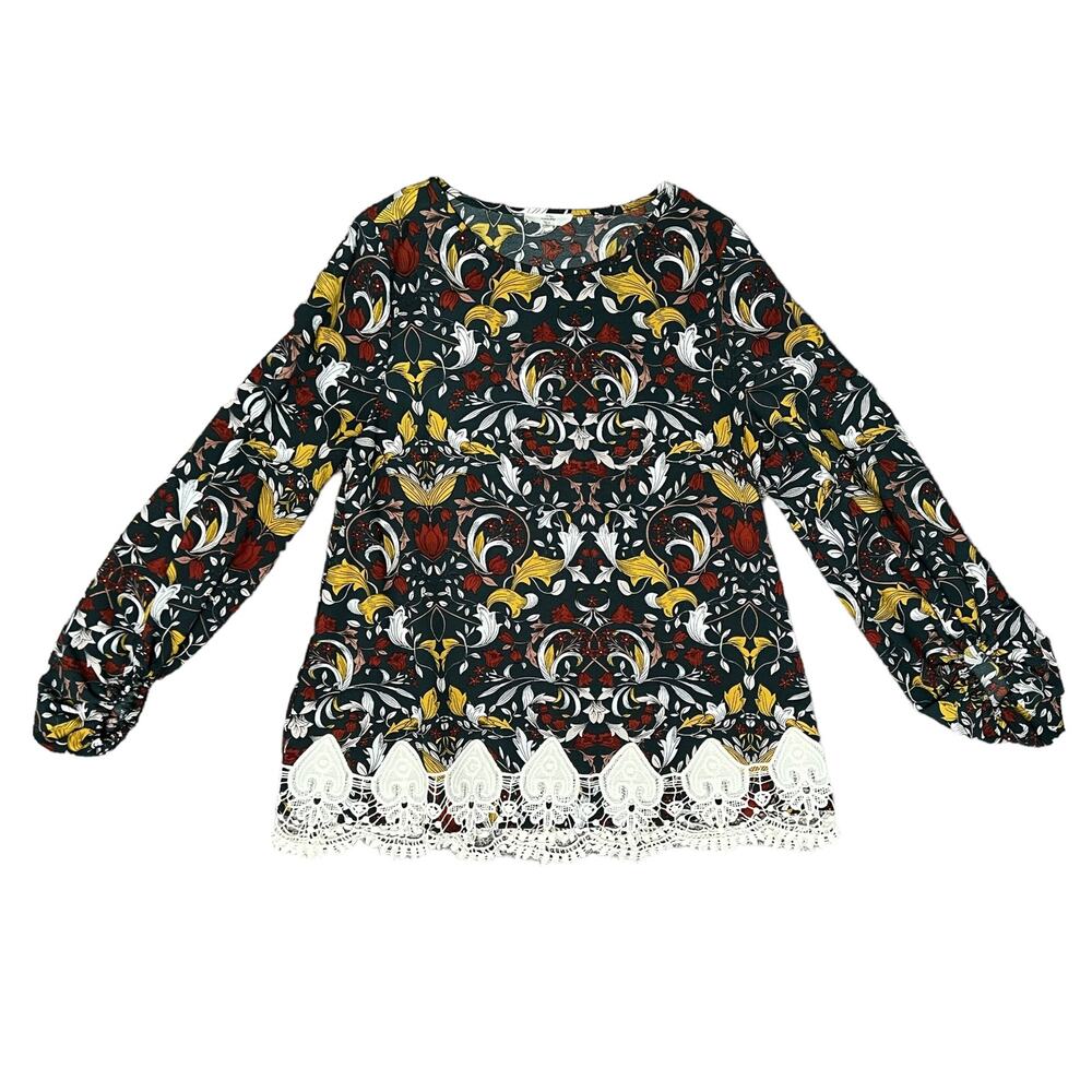 Entro Boho Tunic Lace Applique Top Floral Print Long Sleeve Women's Small‎ EUC